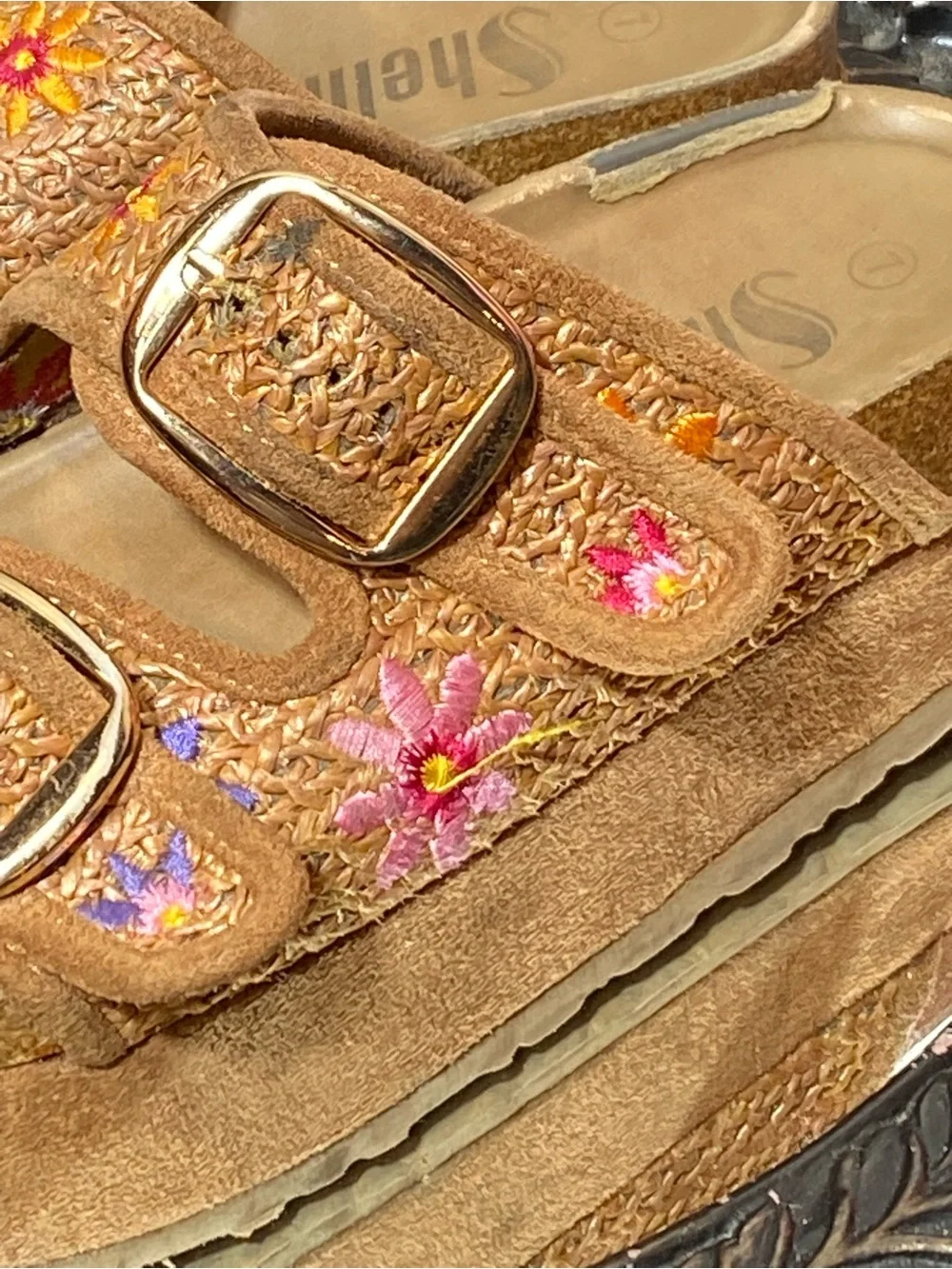 Embroidered Tan Suede Platform Slide Sandals with Buckles